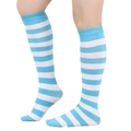 Close-up of blue and white striped knee-high socks with ribbed cuffs on model legs - Straight Without Heel / Light Blue And White Wide Stripe