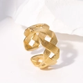 Adjustable golden stainless steel ring featuring a sophisticated woven texture design - Gold Vertical Texture Style (JR012)