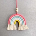 Handmade woven rainbow car charm with pink, blue, yellow cotton threads and wood beads - 6-Layer Rainbow Style 4