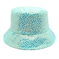 Detailed view of mint green bucket hat featuring sparkling sequins in geometric grid pattern - Light Green