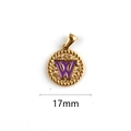 Golden stainless steel necklace pendant with purple enamel letter W, 17mm diameter size - Letter W