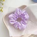 Floral hair scrunchie in light purple with white daisy print and soft pleated mesh fabric - Purple Flower