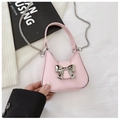 Pink PU leather crossbody bag with silver metal bow and detachable chain strap - Pink