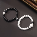 Magnetic attraction couple bracelets set with black matte and white pearl beads - Black & White Pairing - Heart Magnetic - B&W Pendant