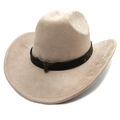 Detail of beige suede cowboy hat featuring black leather band and bull head metal buckle - M (56-58cm) / Camel