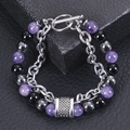 Detail of double-layer bracelet with natural stone beads, metal chain, and T-bar clasp - Amethyst - Stainless Steel (Silver Chain)
