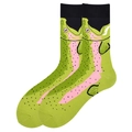 Detail view of cotton crew socks featuring green and pink cartoon fish patterns - 38-46 / Green Pink Big Mouth Fish (1018C)