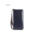 Blue crocodile pattern long zip-around wallet with a brown braided wrist strap - Blue