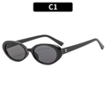 Gafas de sol retro con montura ovalada pequeña en negro brillante y remaches de plata - C1-Montura Negra Lente Gris Negro
