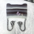 Handmade striped cat ear beanie with butterfly mushroom patches and woven tassels - M (56-58cm) / Butterfly Mushroom Straps Coffee