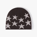 Dark brown thick fleece-lined knit beanie with light gray jacquard star patterns - One Size (54-61cm) / Dark Coffee (24B011)