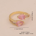 Adjustable gold plated ring featuring two pear-cut pink zircons and side accents - 4# Double Water Drop