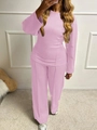 Women's casual two-piece lounge set in pink with long sleeve top and wide leg pants - XS / Pink