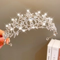 Sparkling silver crystal crown headband with pear-shaped center stone and leaf design - Silver Leaf Pear Crystal