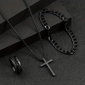 3-piece men's black jewelry set with cross necklace, cuban bracelet, and textured ring - Black Cross Set