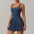 Sleeveless square neck tennis dress with pleated skirt in dark grey blue performance fabric - S / Navy Blue