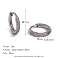 Silver 316L stainless steel hoop earring with AAA zircon and product dimensions - 12mm / Silver