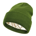 Detail of olive green knit beanie featuring a champagne satin lining for hair protection - Green