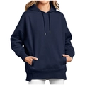 Detail of navy blue hoodie featuring a drawstring hood and a front kangaroo pocket - S / Dark Blue