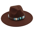 Close-up of wide brim brown felt hat featuring turquoise stone and tribal bead detail - One Size / Coffee (Coffee 9.5cm [Bead Band])