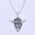 Vintage stainless steel bull head pendant necklace with blue turquoise stone inlay - Ram Head Skull with Runes Pendant (B1112)