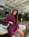Fashionable leopard print two-piece set featuring long sleeve tied shirt and matching shorts - S / Red