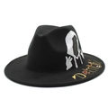 Black wool fedora hat with white hooded figure print and yellow Demon embroidery - M (56-58cm) / Demon Figure Print Style (08)