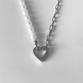 Collier raffiné en acier inoxydable avec pendentif cœur, perles de riz et trombone - Chaîne Cousue Fermoir Coeur Argent (XNL0009-1)