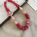 Irregular acrylic link necklace in pink and rose red with gold-tone metal rings - Necklace-Pink