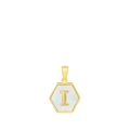 18k gold hexagon necklace pendant with mother of pearl inlay and letter I engraving - Letter I