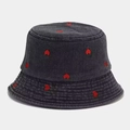 Chapeau bob en denim gris foncé avec broderie cœur rouge pour protection solaire d'été - M (56-58cm) / Noir