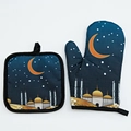 Deep blue Islamic oven mitt and pot holder set with mosque and crescent moon night scene - Golden Castle (Eid)