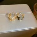 Fashionable C-shaped gold earrings with sparkling rhinestones and black enamel Greek key pattern - 87# Silver Needle-Gold-Black (Real Gold Plated)