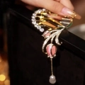 Golden hair claw clip with pink tulip design, sparkling rhinestones and a pearl drop charm - F0465 Gold Pink Tulip