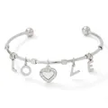Silver stainless steel open bangle featuring LOVE letter charms and a crystal heart pendant - Letter Heart Style (PAS858) / Silver