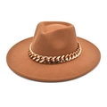 Classic brown wool fedora hat with a stylish wide brim and decorative gold metal chain - M(56-58cm) / Khaki