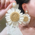 Bohemian large daisy drop earrings in creamy white with pearl and rhinestone details - White Daisy Artificial Pearl Rhinestone Style (H-237) / Faux Pearl
