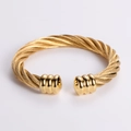 Polished gold braided cable twisted wire open cuff bracelet for men with cylinder ends - Gold