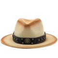 British style gradient straw fedora hat with studded leather band and horseshoe emblem - M (56-58cm) / Beige Brown Gradient (05)