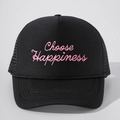 Black trucker hat with pink Choose Happiness embroidery and mesh back for outdoors - One Size / Black