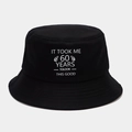 Detail of 60th birthday black cotton bucket hat with white text and thumb icon - M (56-58cm) / 60th Birthday Theme (Black 60) / Black