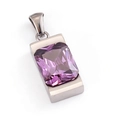 Macro view of purple emerald-cut gemstone set in polished silver stainless steel pendant - Steel Color + Purple (Single Pendant)