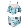 Kids two-piece bikini with green tropical leaf prints and ruffled neckline details - Kids 104 / White Floral Top & Bottom