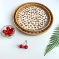 Set of 2 handmade rattan trays with inlaid shell base for snacks and home decoration - Camel Dots / 2-Piece Set