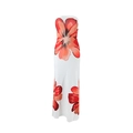Detailweergave van de rode bloemenprint op deze witte straatloze zomerse maxi-jurk - S / Wit Rood