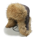 Detail der dunkelgrauen Wildleder-Fliegermütze mit braunem Kunstfellfutter und Ohrenklappen - M (56-58cm) / Grau