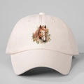 Detailed view of horse and floral embroidery on a light pink adjustable cotton baseball cap - Beige