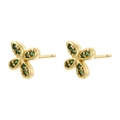 Detail of golden butterfly earrings with green crystals and polished metal finish - Gold Green Zirconia