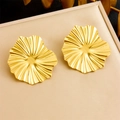 Golden stainless steel earrings with irregular crumpled flower texture on a jewelry box - Irregular Pleated Flower (E6191)
