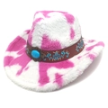 Pink and white cow print plush cowboy hat with turquoise western band decoration - M (56-58cm) / Heart Top / Rose Red